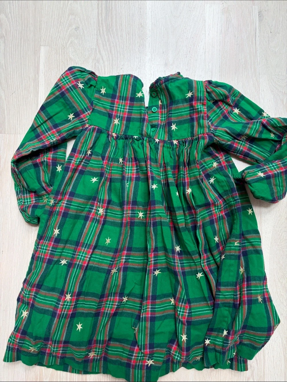 Mini Boden Green Plaid Long-Sleeve Dress with Gold Stars